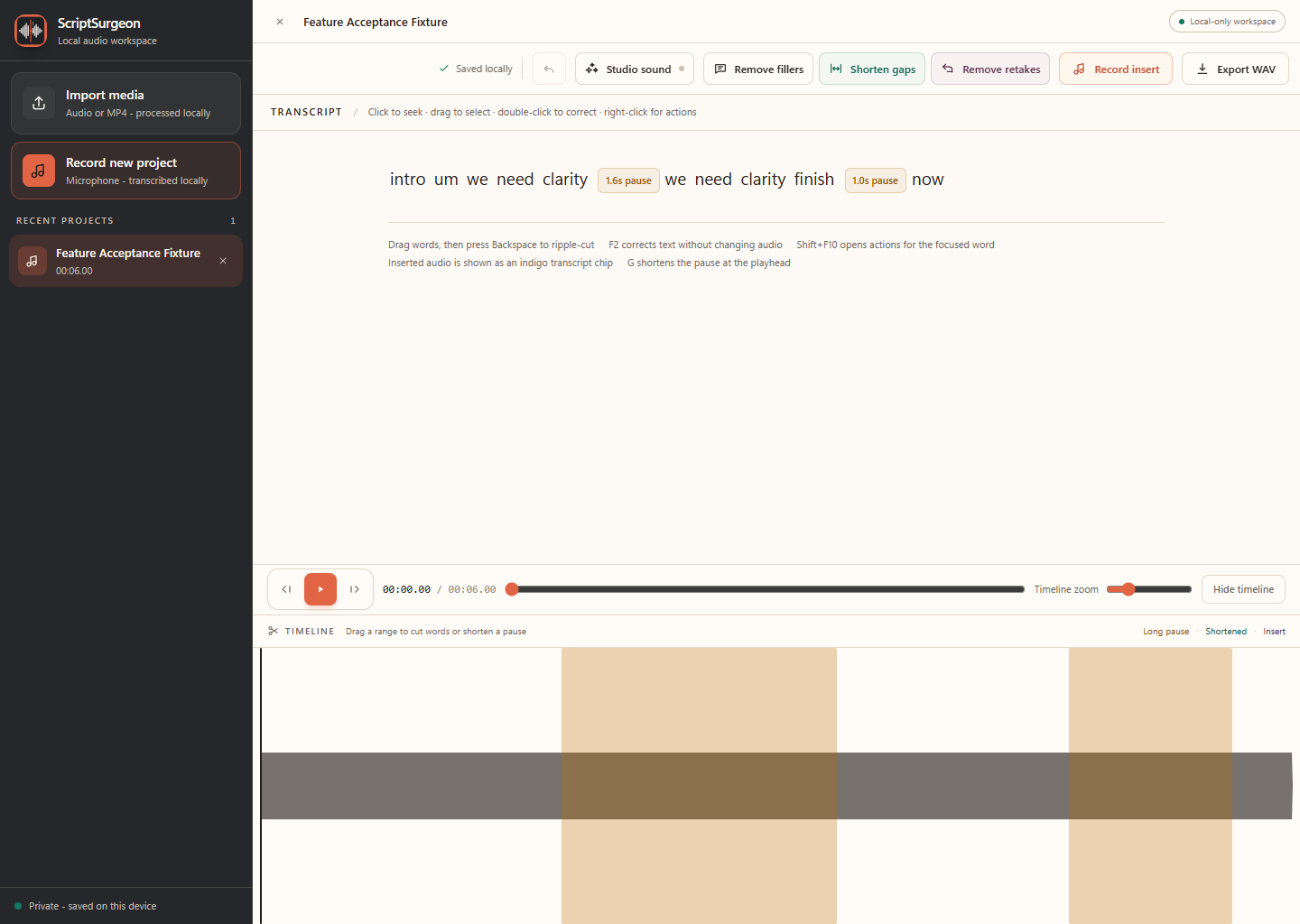 ScriptSurgeon showing an editable transcript above a waveform timeline
