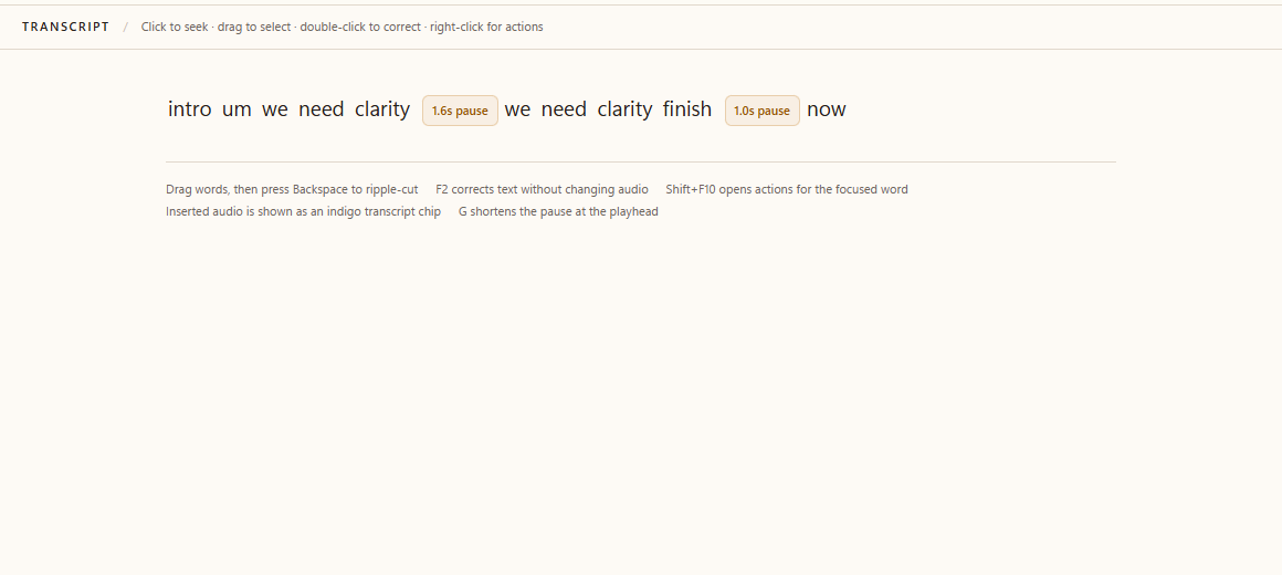 ScriptSurgeon transcript with editable words and pause markers