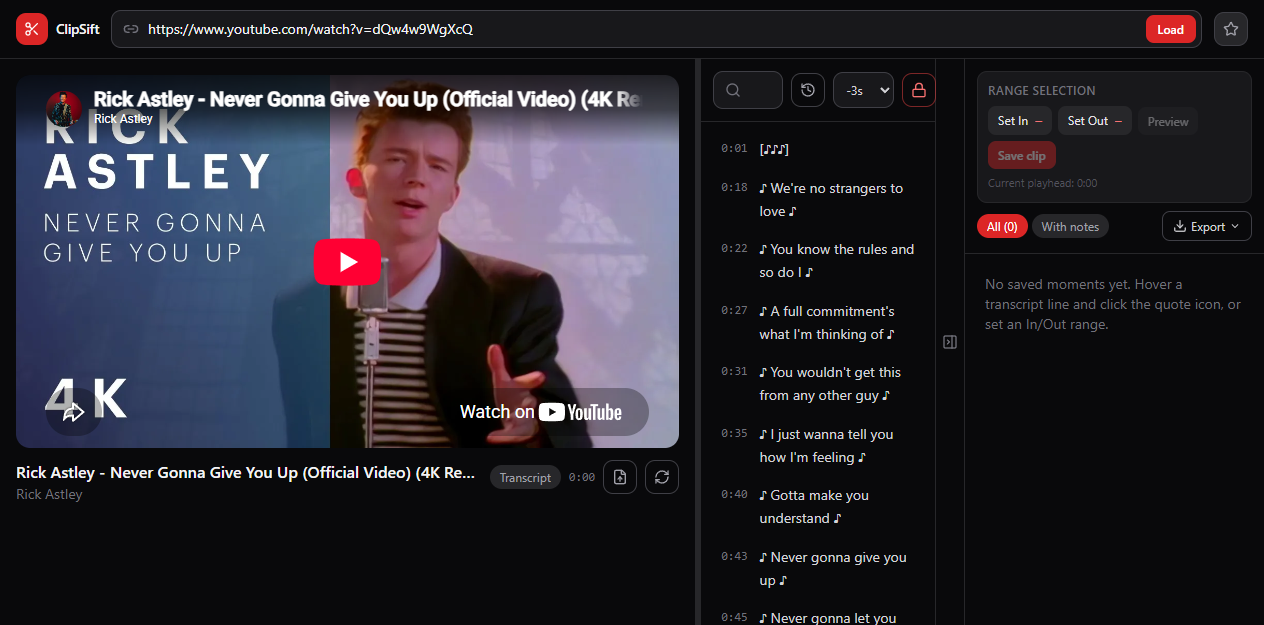 ClipSift showing a YouTube player, timestamped transcript, and saved moments panel